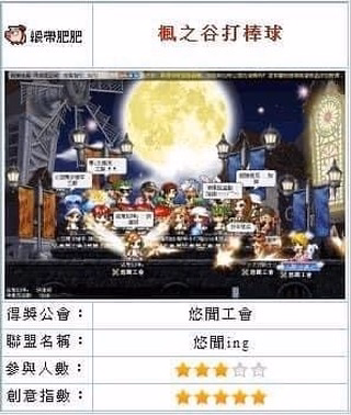得獎公會展示：緞帶肥肥伺服器「悠閒工會」（主題：楓之谷打棒球）